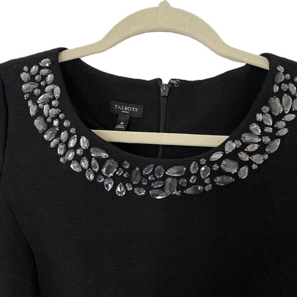 Talbots Black Short Sleeve LBD Stretchy Career Mini Dress Beaded Neckline 8P - Picture 3 of 10